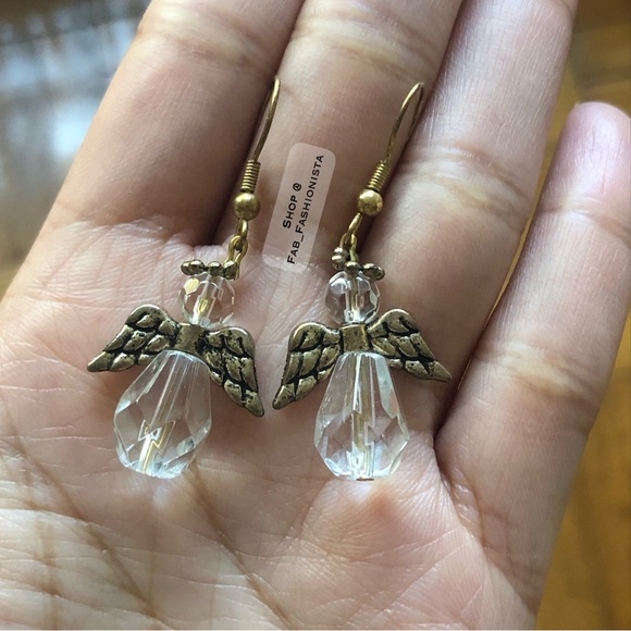 Crystal Angle Dangle Earrings gold wings and halo - Picture 3 of 4